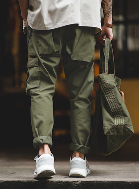 马登工装 复古异形口袋长裤直筒军绿色咔叽硬汉休闲训练裤子男春