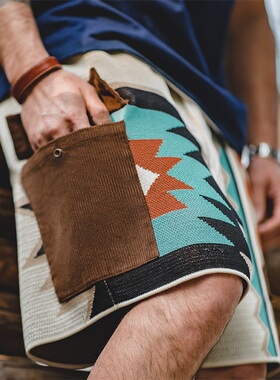 马登工装 美式复古纳瓦霍针织短裤民族风宽松海边沙滩五分裤男夏