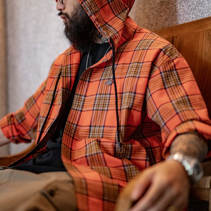 马登工装美式休闲色织格纹帽衫