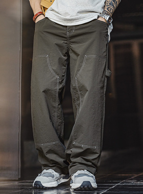马登工装轻美式休闲双膝伐木裤肌理感薄款垂感军绿色长裤子男春夏