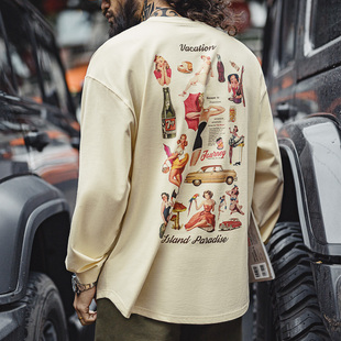 马登工装美式复古印花长袖T恤宽松休闲纯棉圆领打底衫上衣男秋冬