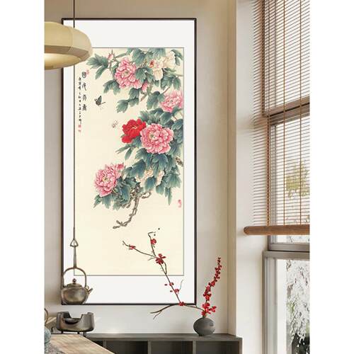 花开富贵写意工笔牡丹竖幅玄关走廊过道装饰画国画花鸟画成品带框