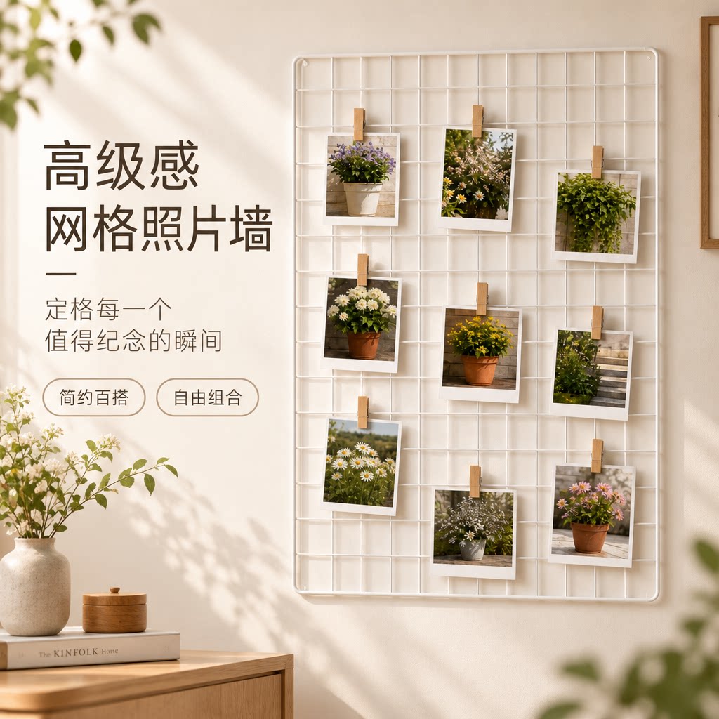 欧式照片墙免打孔网格片置物架拍立得展示板拼豆装饰墙贴房间收纳