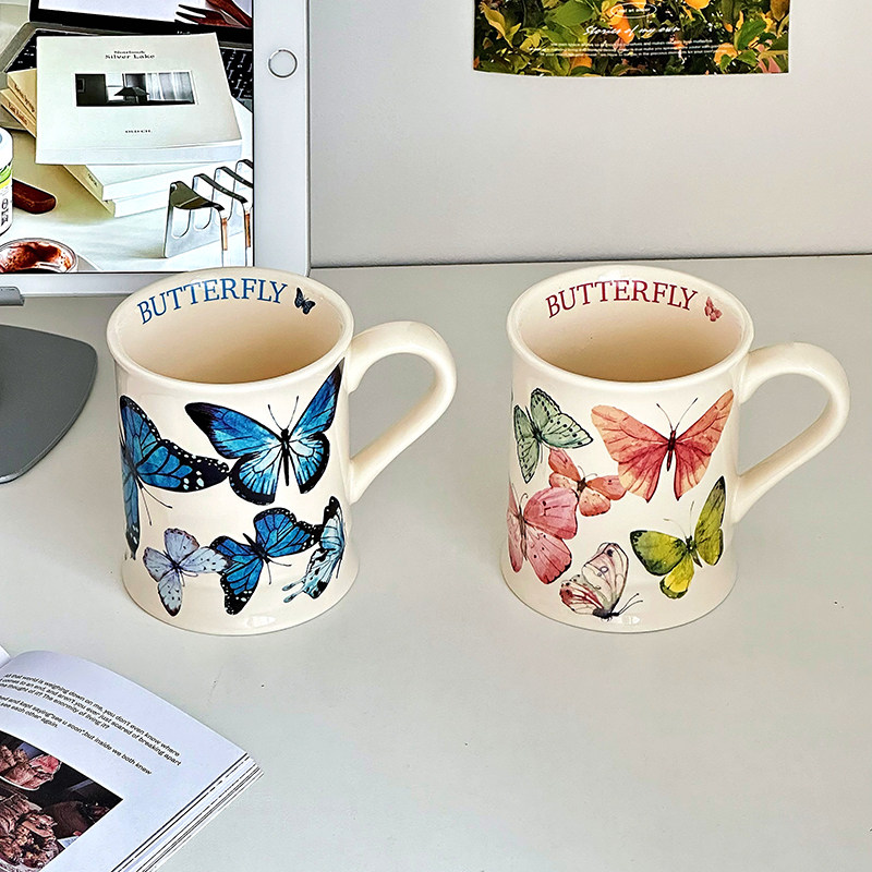 复古蝴蝶陶瓷马克杯情侣对杯高颜值女生喝水杯子办公家用生日礼物,餐饮具,马克杯,淘宝优惠券,粉丝福利购,淘宝优惠卷