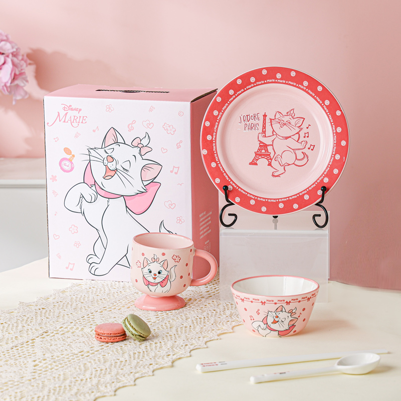 迪士尼玛丽猫卡通可爱餐具碗盘套装1人食碗碟盘杯子筷子勺子