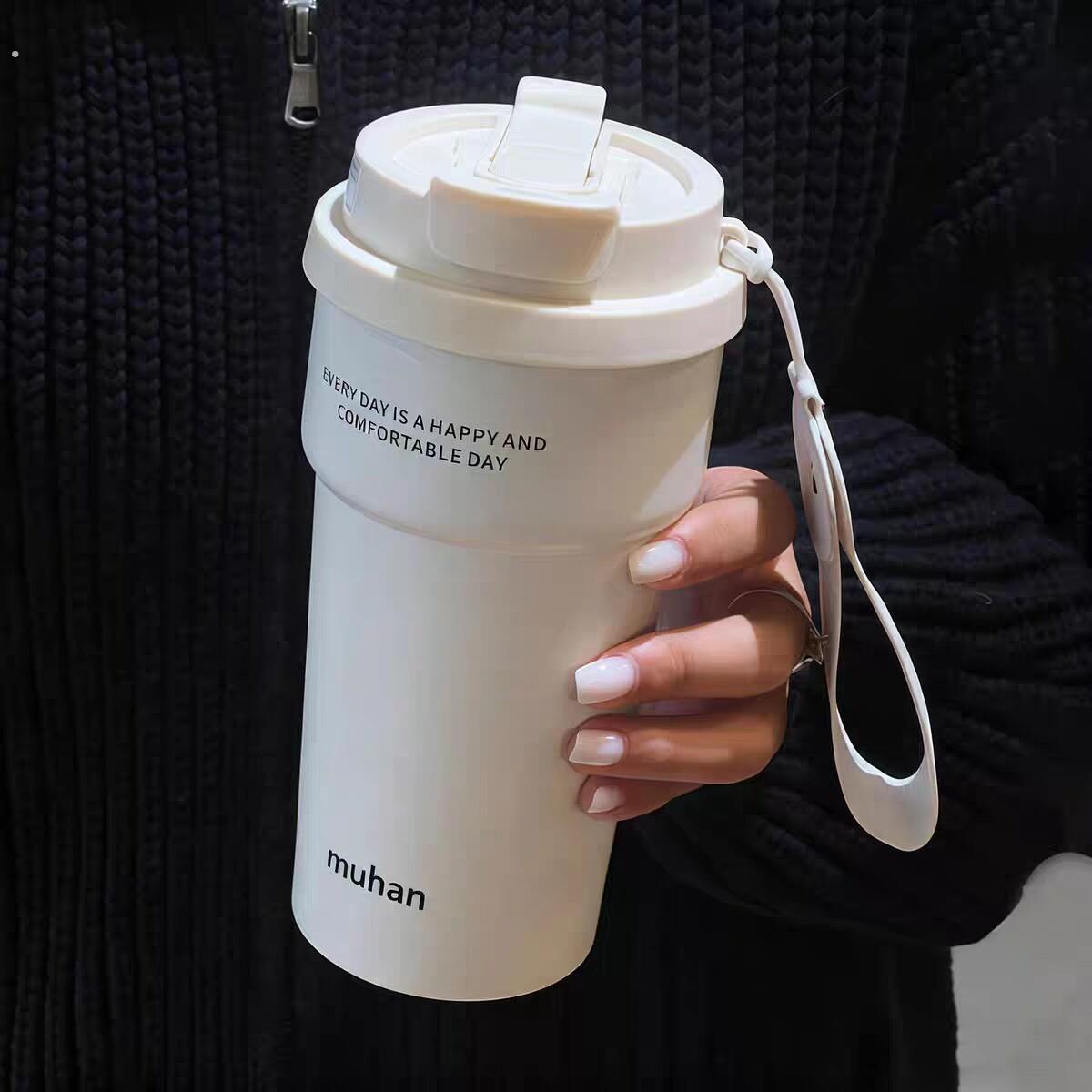 咖啡杯双饮保温杯简约黑白吸管杯送男女朋友情侣水杯礼物商务车载