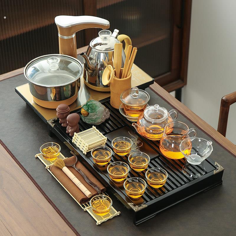 整套全自动功夫茶具套组家用实木茶盘组合四合一电热磁炉茶海茶台