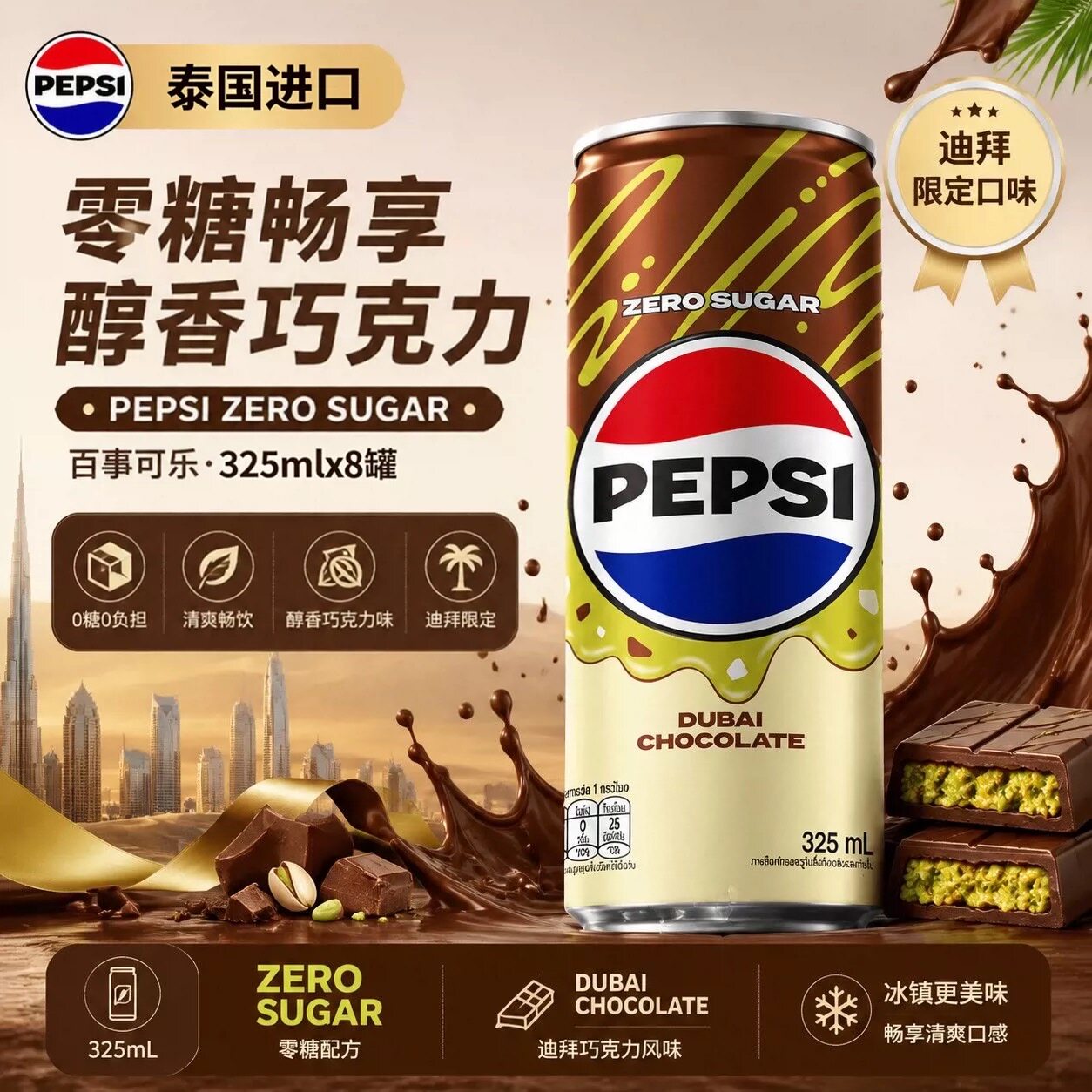 泰国进口百事可乐迪拜巧克力果味碳酸饮料325mlx8罐夏日网红汽水