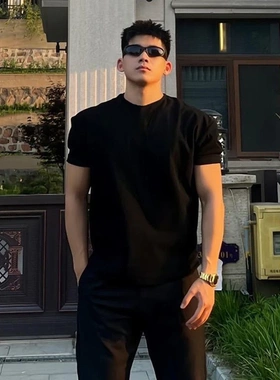 美式潮牌黑色收袖口t恤男生弹力修身健身短袖夏季潮流重磅三分袖