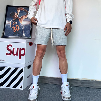 美式短裤男宽松卷边四分不过膝灰色运动裤训练健身三分休闲篮球裤