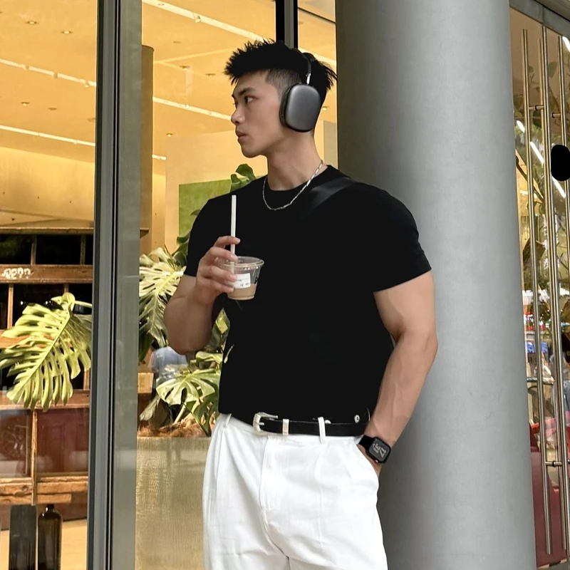 夏季男士短袖纯色收袖口T恤男圆领运动休闲透气