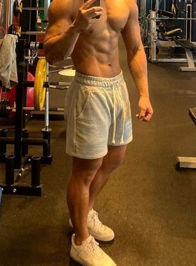 美式小短裤男士夏季三分运动休闲宽松高街灰色抽绳针织健身篮球裤