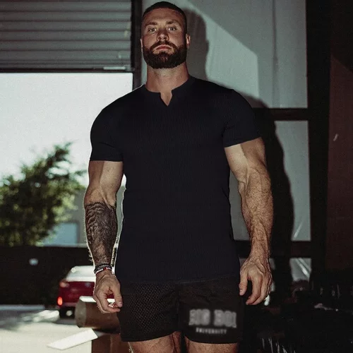 2025欧美新款重磅健身短袖显肌肉袖口收紧高档次v领修身280gT恤