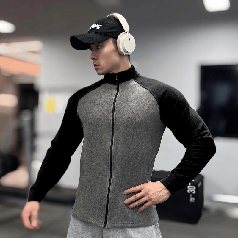 秋冬拼色插肩袖双面德绒保暖健身全拉链立领运动高弹打底长袖T恤