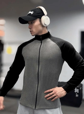 秋冬拼色插肩袖双面德绒保暖健身全拉链立领运动高弹打底长袖T恤