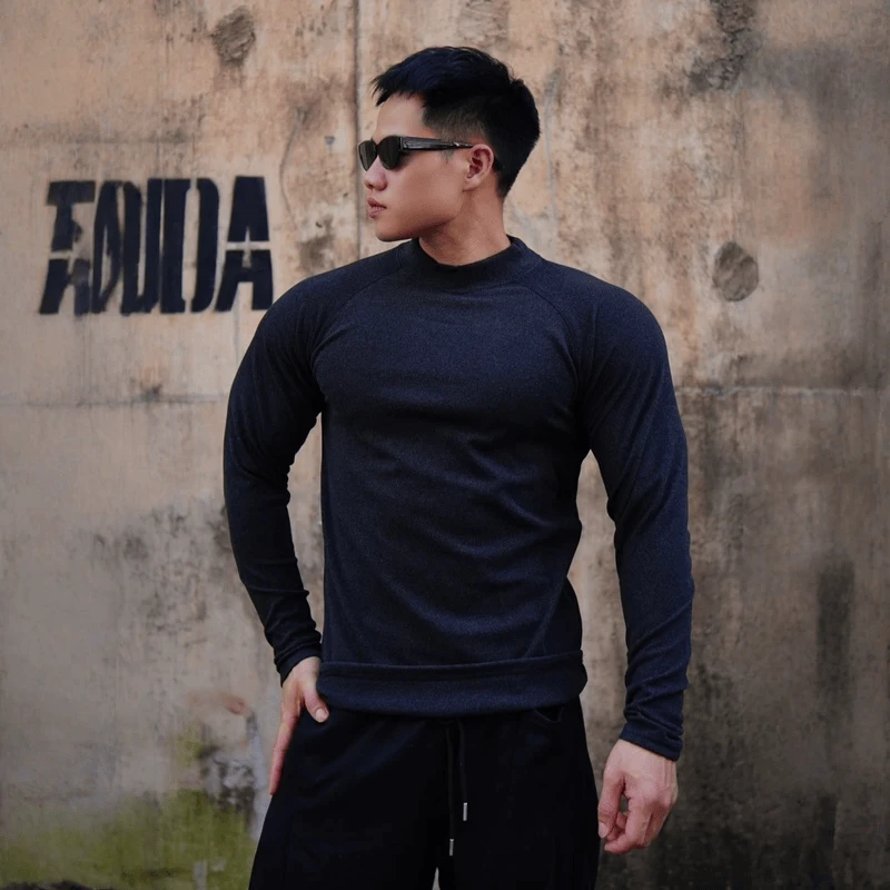 男士运动秋冬双面德绒弹力亲肤柔软保暖长袖纯色修身半高领打底衫