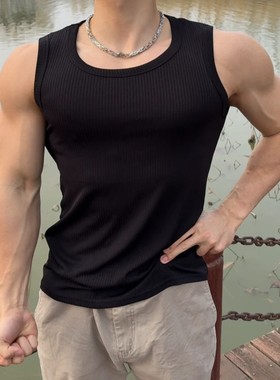 夏季美式重磅螺纹背心男士宽肩圆领大码修身透气纯色宽肩吸汗背心