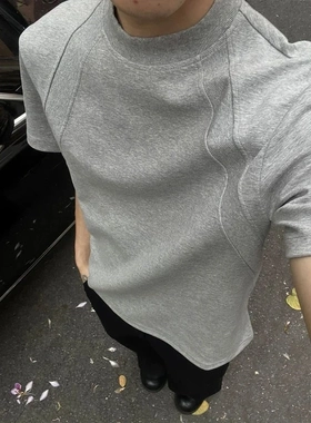 灰色拼接短款T恤男夏季潮牌cleanfit美式运动短袖小领口五分袖