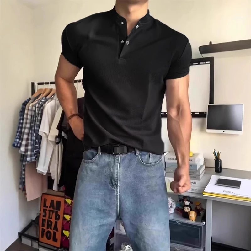 美式黑色亨利领短袖男款夏季polo衫健身衣服高级感华夫格运动t恤