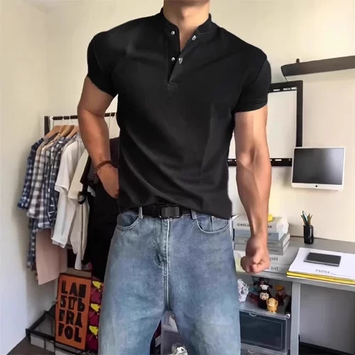美式黑色亨利领短袖男款夏季polo衫健身衣服高级感华夫格运动t恤