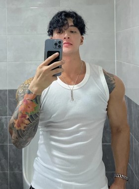 夏季潮牌纯色速干弹力紧身运动螺纹背心男无袖健身训练跑步修身型