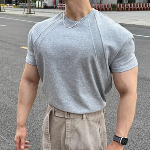 重磅拼接抗皱高弹硬挺显型运动凉感T恤 液氨太空棉短袖 夏季 美式