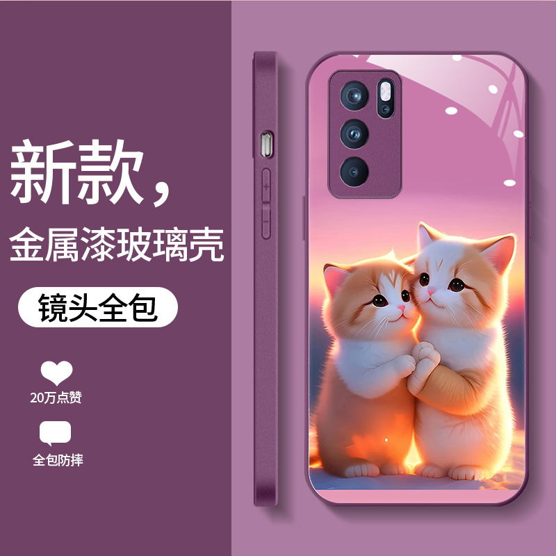 适用于opporeno6pro手机壳reno6pro新款软边液态玻璃壳PEPM00男女情侣0PP0Ren06pr0个性简约创意高级卡通猫咪