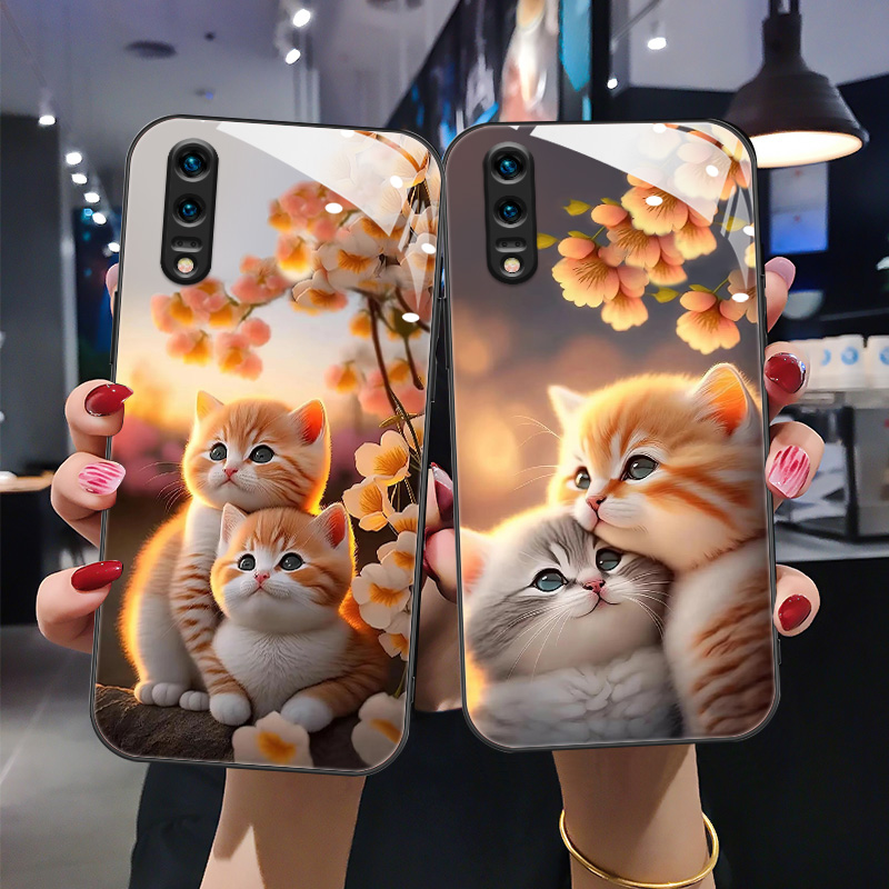 创意猫咪图案钢护玻璃手机壳