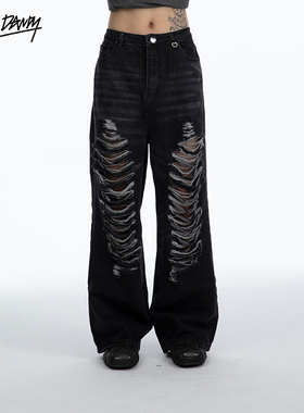 DozeDandy24原创新款黑色破洞牛仔裤美式宽松阔腿直筒长裤乞丐裤