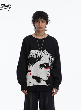 DozeDandy(原DUE OFFICIAL)经典人头像流苏破坏毛衣潮圆领针织衫