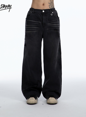 【清仓】DozeDandy(DUE OFFICIAL)宽松低腰松紧中腰黑水洗牛仔裤
