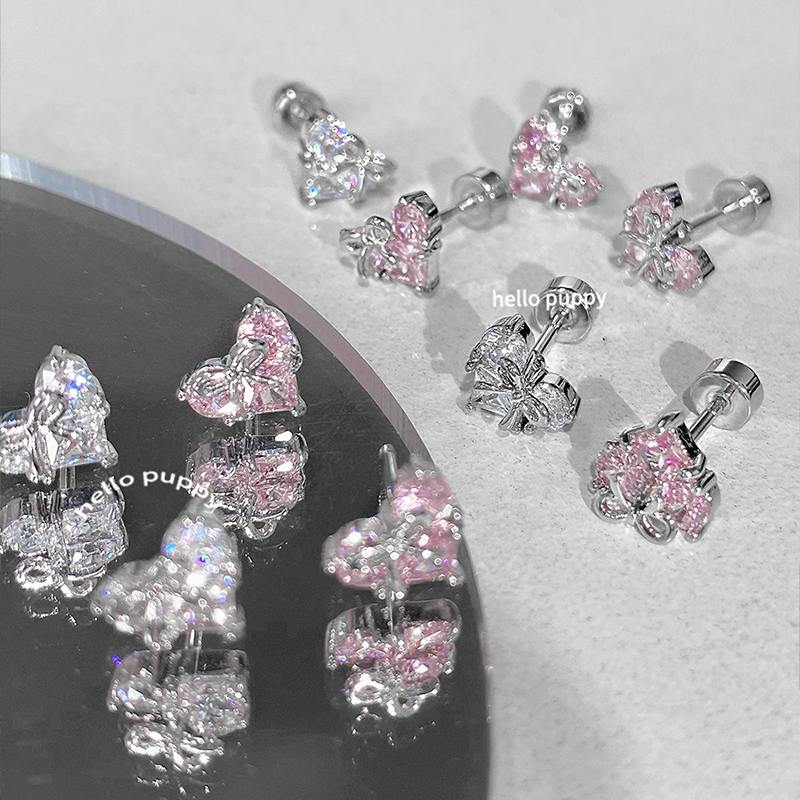 hellopuppy甜美系蝴蝶结爱心耳骨钉钛钢百搭少女感独特拼接耳蜗钉