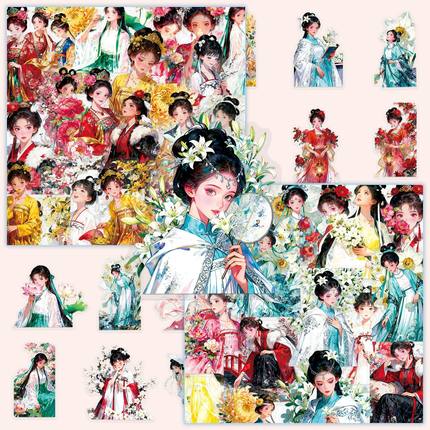 50张十二花神卡通唯美中国风创意贴纸充电宝收纳箱咕卡透明贴纸