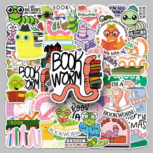 50张BookWorm贴纸可爱书虫卡通书本涂鸦电脑水杯文具DIY装饰贴纸