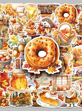 50张金秋贴纸治愈风秋季防水彩绘橙色系涂鸦滑板平板咕卡手帐贴纸