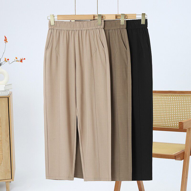 休闲风妈妈九分裤女夏薄款宽松多口袋中老年人女裤纯色百搭老太太