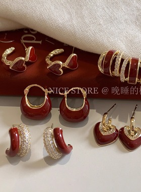 晚睡的桔梗「月岁」圣诞秋冬复古红色滴釉耳环几何本命年通勤耳饰