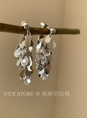 晚睡的桔梗「穗片」小众金属树叶锆石流苏两戴耳环冷淡风气质耳饰