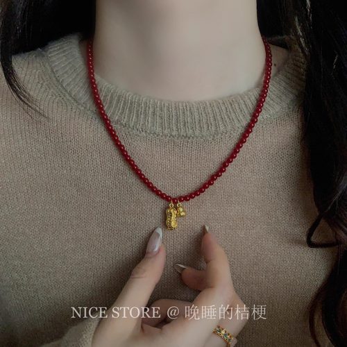 晚睡的桔梗「洚红」新中式福禄花生本命年红色串珠项链吊坠锁骨链
