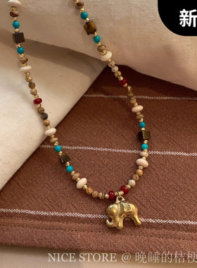 晚睡的桔梗「象形」新中式彩色大象毛衣链小众复古设计百搭项链