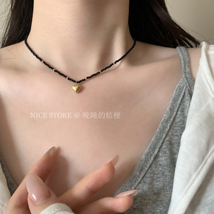 晚睡的桔梗「夜阑星」爱心黑金串珠小众项链气质风百搭锁骨链颈链