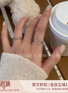 晚睡的桔梗「遇见」咖啡金双钻开口锆石戒指关节戒简约女食指戒
