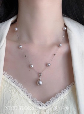 晚睡的桔梗「涟珠」满天星曼塔玫瑰珍珠项链正圆多戴可调节锁骨链