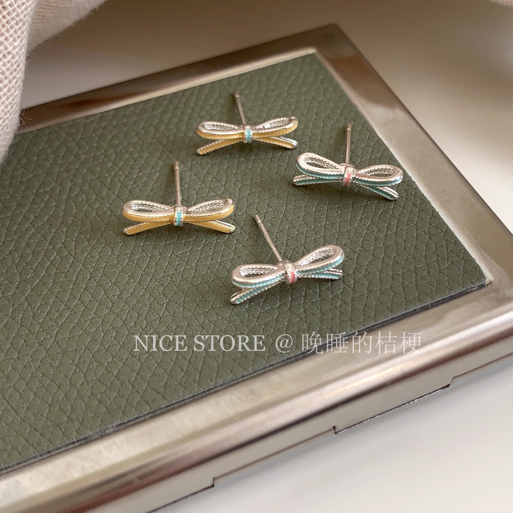 售完无补「紫霞」 ins风滴油蝴蝶结耳钉清新滴釉夏日少女耳饰