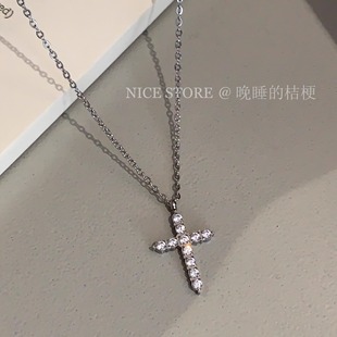 晚睡 桔梗「解构」甜酷冷淡风钛钢锆石十字爆闪项链复古锁骨链女