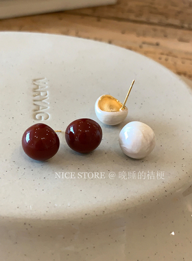 晚睡的桔梗「藤和树里」ins高级珐琅小半球耳钉复古温柔百搭耳饰