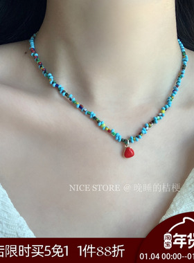 售完无补「红与蓝」度假风蓝色串珠爱心项链新中式复古百搭颈链