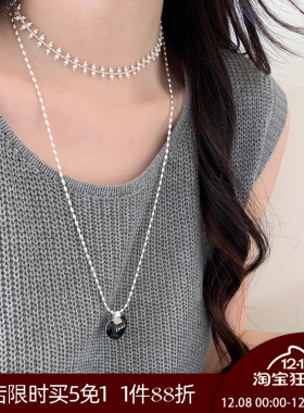 晚睡的桔梗「白夜巡游」韩系黑色爱心字母项链luck米粒毛衣T恤链