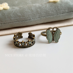 晚睡的桔梗「摩挲结」中古做旧蝴蝶结滴釉戒指小众复古开口食指戒