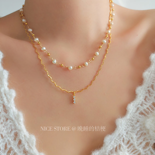 五折清仓｜扭结淡水珍珠项链叠戴锆石点缀波浪形链条毛衣链春秋